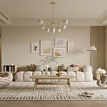 Modern Living Dining Room Interior With Beige Sofa Coffee Table Area Rug And Decorative Artworks
