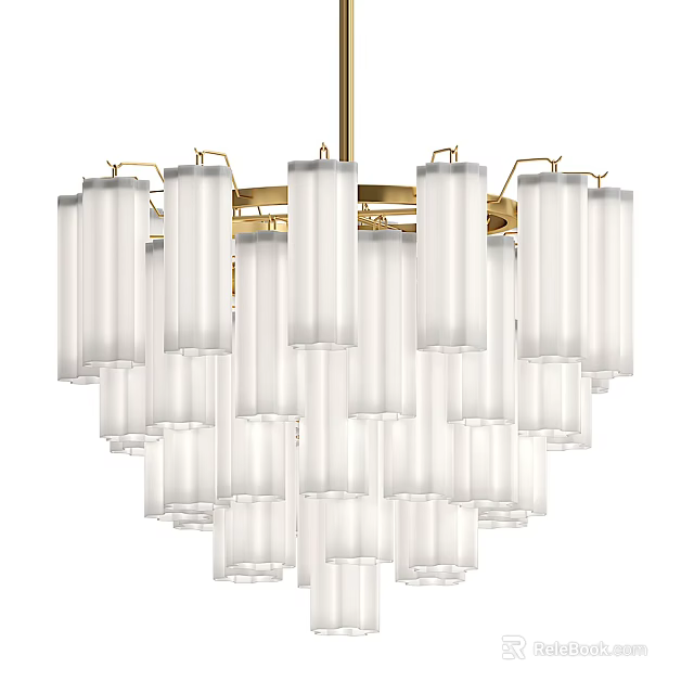 Elegant Modern Chandelier with White Cylindrical Shades and Gold Frame Design 3d model 