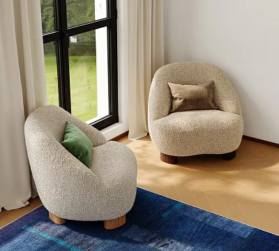 Beige Fluffy Armchairs With Green Brown Throw Pillows By Window On Wooden Floor Blue Rug 3d model