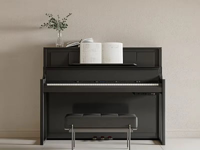 Stylish Black Musical Instrument Piano Featuring Sheet Music Bench And Decorative Green Plant Vase 3d model