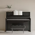 Stylish Black Musical Instrument Piano Featuring Sheet Music Bench And Decorative Green Plant Vase