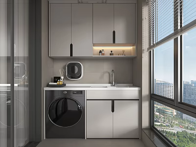Modern Home Balcony With Washing Machine Sink Cabinetry And City View 3d model