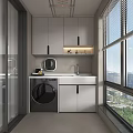 Modern Home Balcony With Washing Machine Sink Cabinetry And City View