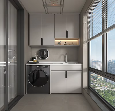 Modern Home Balcony With Washing Machine Sink Cabinetry And City View 3d model