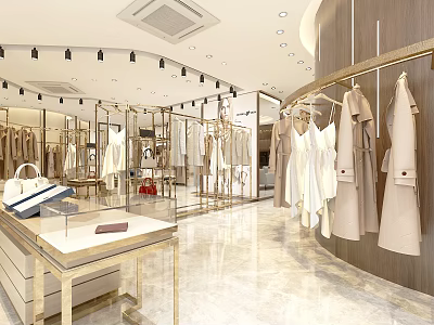 Elegant Modern Clothing Store Interior With Hanging Clothes Display Tables Marble Floors And Gold Accents 3d model