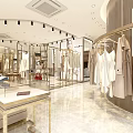 Elegant Modern Clothing Store Interior With Hanging Clothes Display Tables Marble Floors And Gold Accents