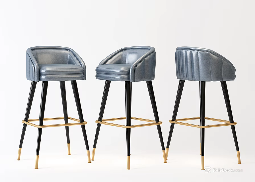 Modern Gray Leather Bar Stools with Black and Gold Crossed Leg Design 3d model 