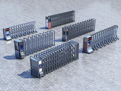 Multiple Retractable Barrier Gates With Control Panels On Paved Ground 3d model