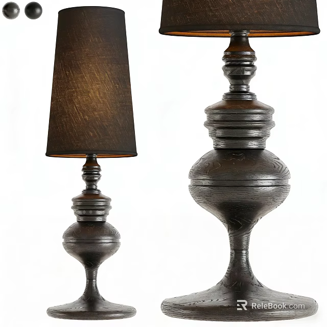 Two Vintage Wooden Table Lamps With Fabric Shade And Carved Bases 3d model 