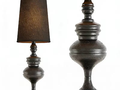 Two Vintage Wooden Table Lamps With Fabric Shade And Carved Bases 3d model