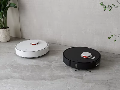 White And Black Robot Vacuum Cleaners With Circular Design On Grey Floor And Green Plant 3d model