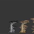 Colorful Decorative Trees With Textured Trunks Unique Branches And Dark Background Reflections