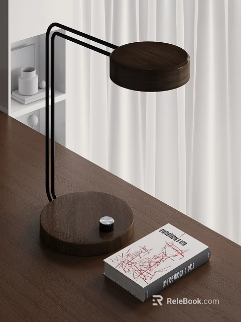 Modern Wooden Table Lamp on Desk with Book and White Curtains 3d model 