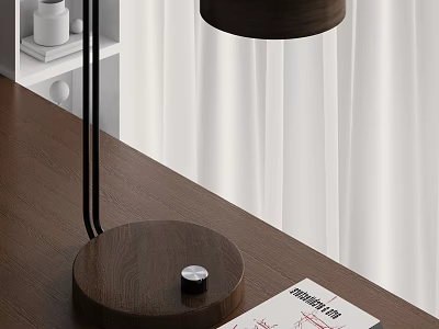 Modern Wooden Table Lamp on Desk with Book and White Curtains 3d model