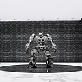 Futuristic Robot Sculpture Standing On Circular Platform With Textured Wall 3d model
