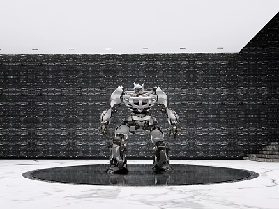 Futuristic Robot Sculpture Standing On Circular Platform With Textured Wall 3d model