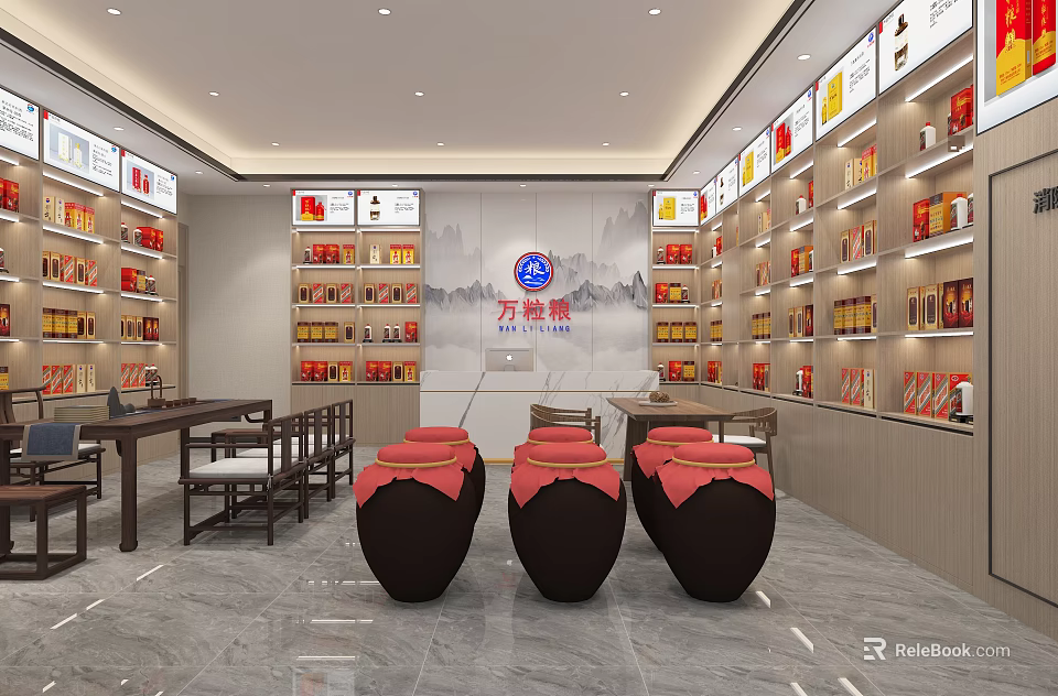 Tobacco and Alcohol Store Interior Design With Shelves With Products Tables Chairs And Jars 3d model 