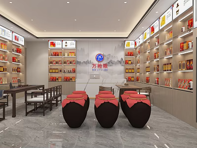 Tobacco and Alcohol Store Interior Design With Shelves With Products Tables Chairs And Jars 3d model