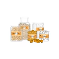 Mama's Pantry Glass Jars Filled With Various Colorful Foods And Yellow Round Snacks