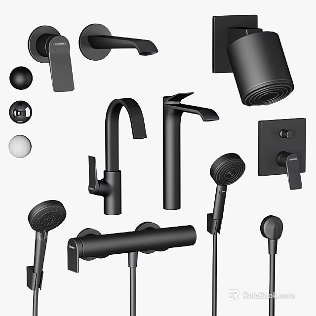 Black Faucet Collection With Shower Heads Handles And Control Knobs 3d model 