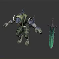 Fantasy Warrior Character Confronting Blue Spiked Creature With Green Glowing Sword 3d model