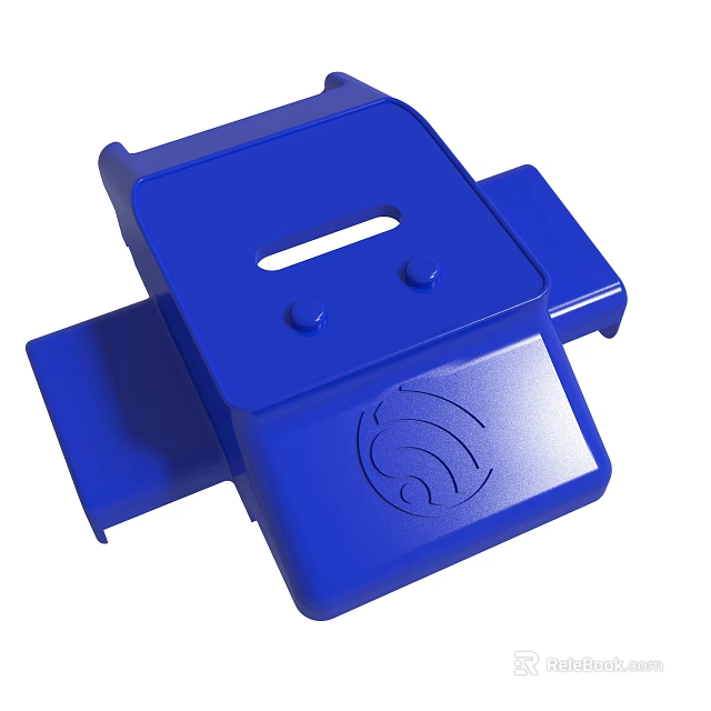Durable Blue Plastic Component With Two Buttons Rectangular Slot And Base Logo 3d model