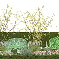 Flowering Trees with Yellow Blossoms Green Shrubs Purple Pink Flowers and Lawn Under Blue Sky