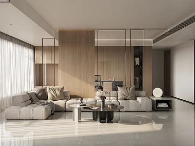 Modern Living Room Interior With Light Gray Sectional Sofa Wooden Wall Glass Partition And Curtains 3d model