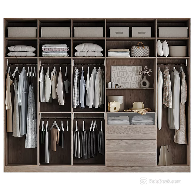 Modern Wooden Wardrobe With Hanging Clothes Folded Linen Storage Drawers And Baskets 3d model 
