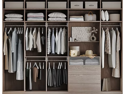 Modern Wooden Wardrobe With Hanging Clothes Folded Linen Storage Drawers And Baskets 3d model