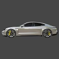 Silver Porsche Electric Four Door Coupe With Sleek Modern Exterior And Yellow Brake Calipers