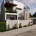 Modern Two Story Detached Villa With Roof Greenery Black Gate And White Fence