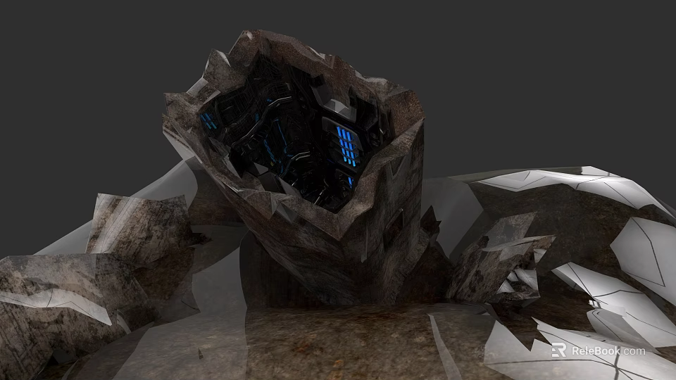 Sci Fi Detailed Futuristic Rock Structure With Mechanical Parts And Blue Illumination 3d model 