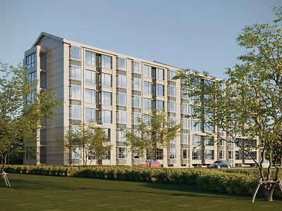 Modern Multi Story Residential Building With Glass Windows Green Lawn And Trees 3d model