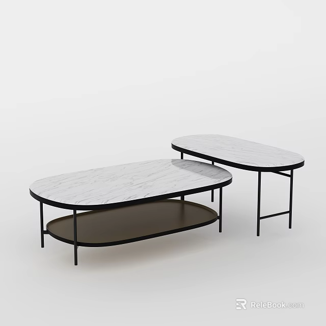 Modern Coffee Table Set With Marble Top And Black Metal Frame 3d model