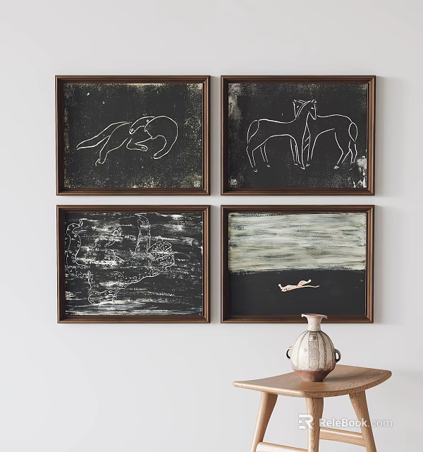 Four Framed Artworks Featuring Animal Figures Abstract Designs And Vase On Wooden Table 3d model 