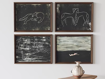Four Framed Artworks Featuring Animal Figures Abstract Designs And Vase On Wooden Table 3d model