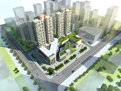Modern Urban Commercial Complex With High Rise Buildings Green Roof Residential Units And Landscaped Areas 3d model