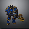 Blue And Gold Mech Warrior With Heavy Hammer And Detailed Armor Design