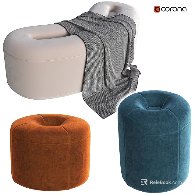 White Orange Blue Velvet Sofa Stools With Padded Seats And Modern Design 3d model 