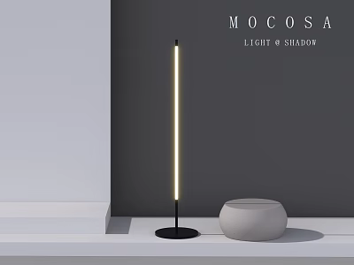 Modern Slim Floor Lamp Standing By Round Stool On Gray Wall With Light Shadow 3d model