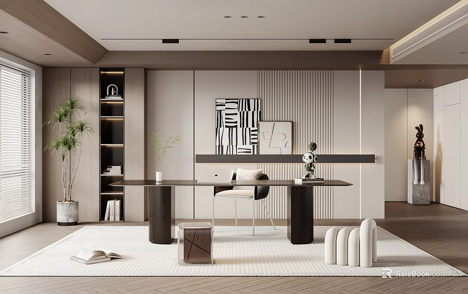 Modern Study Room Interior With Large Wooden Desk Comfortable Chair Built-in Bookshelf And Green Plant 3d model 