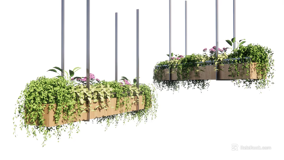 Hanging Wooden Planters With Green Plants And Purple Flowers On Metal Rods 3d model 