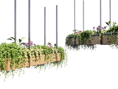 Hanging Wooden Planters With Green Plants And Purple Flowers On Metal Rods 3d model
