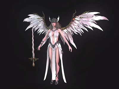 Angelic Mythical Character With White Feather Wings And Sword In Elegant Gown 3d model