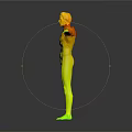 Red Haired Character in Green and Gray Suit With Yellow Accents Arms Outstretched Standing Pose