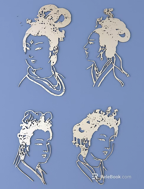 Intricate Carved Female Portrait Artworks on Blue Background With Detailed Designs 3d model 