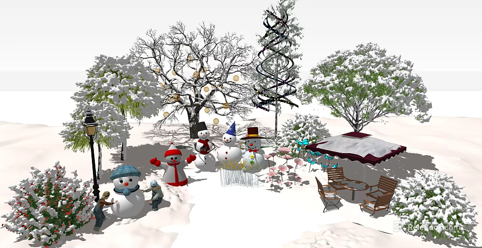 Snow Covered Shrubs In Winter Garden With Snowmen Trees And Outdoor Seating 3d model 