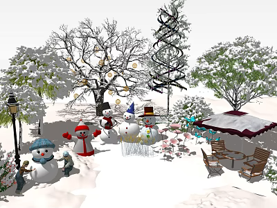 Snow Covered Shrubs In Winter Garden With Snowmen Trees And Outdoor Seating 3d model