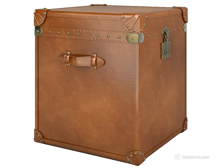 Vintage Brown Leather Trunk With Metal Rivets Lock And Handle 3d model 